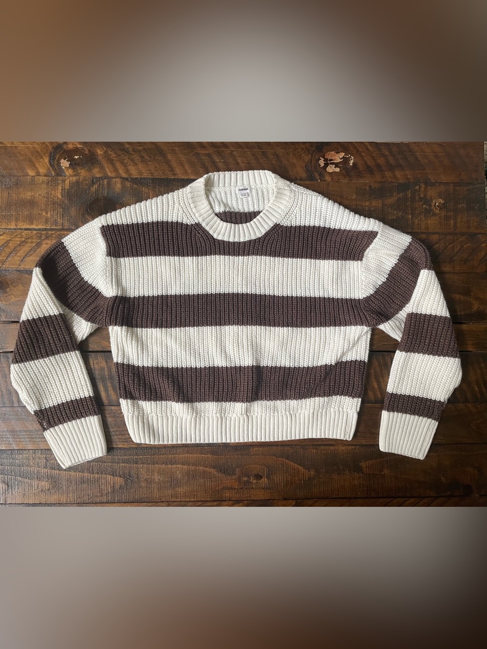 Brown and White Stripe Crew Neck Sweater